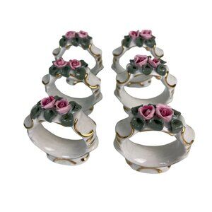 Dekor Dresden Rose Porcelain Ceramic Napkin Rings, Set of 6 Baroque Floral